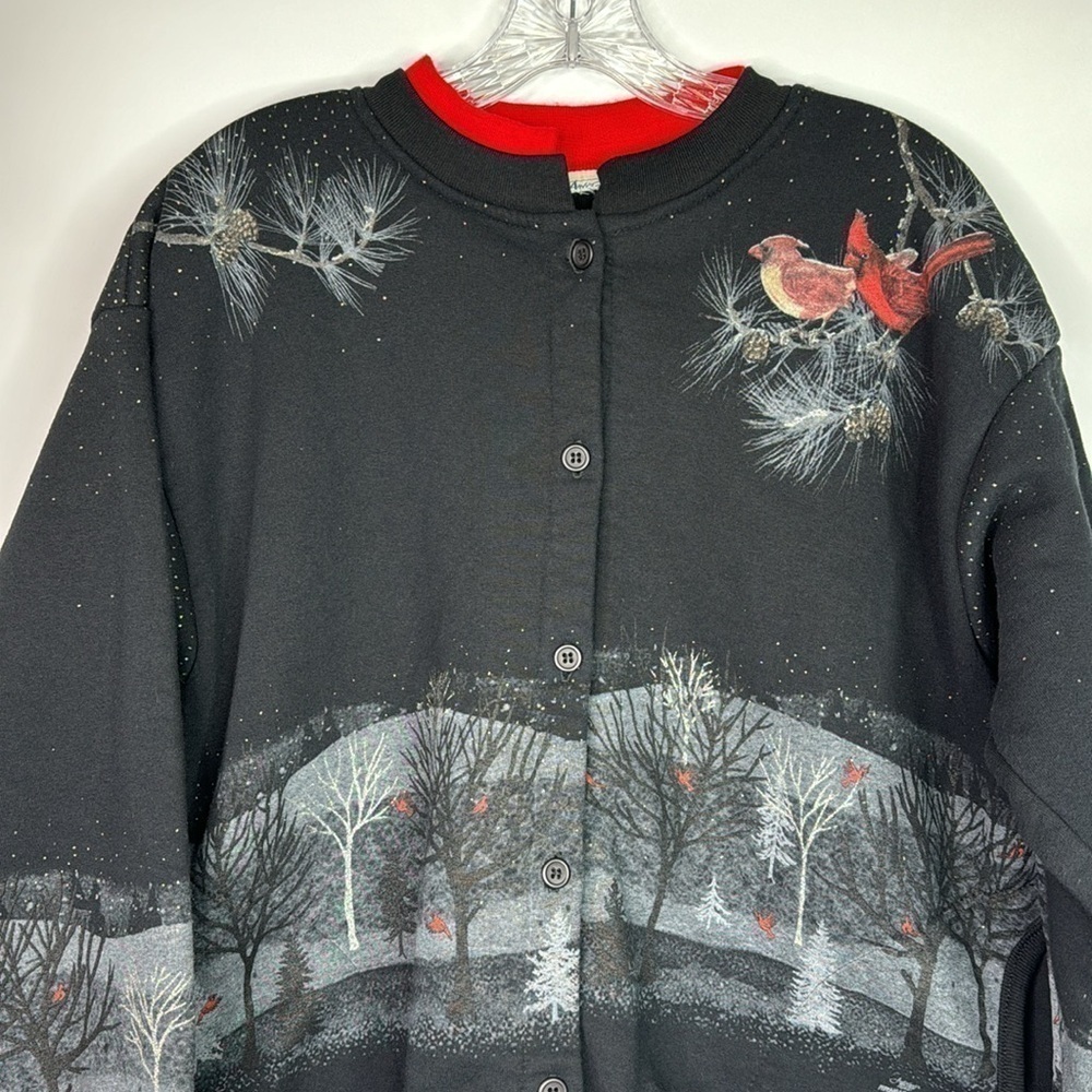 Vintage Artisans Black Cardinal Bird Button Up Sweatshirt Size Large - Picture 2 of 12